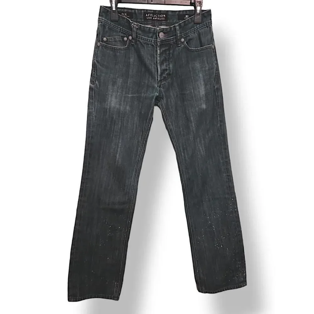 Affliction Dark Premium Ace Mens Distressed Button Fly Blue Jeans Sz 30 x 30